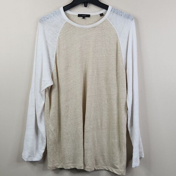 Vince Mens Colorblock Long Sleeve Linen Round Neck Tee Medium